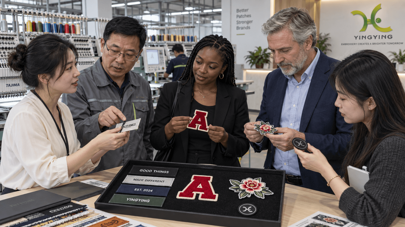 Fictional international visitors and factory team reviewing varied patch samples