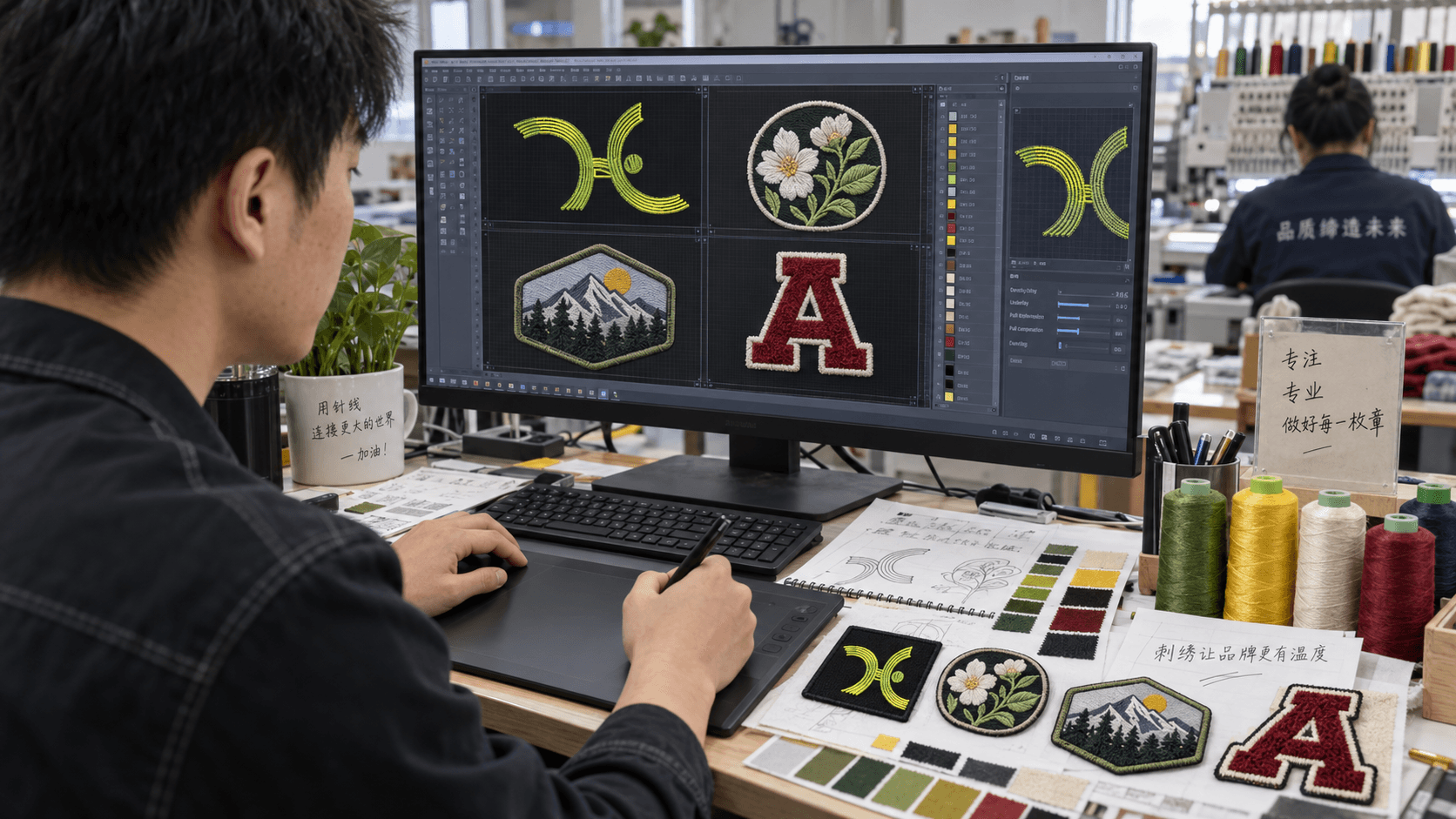 Fictional designer preparing varied embroidered patch artwork on a computer