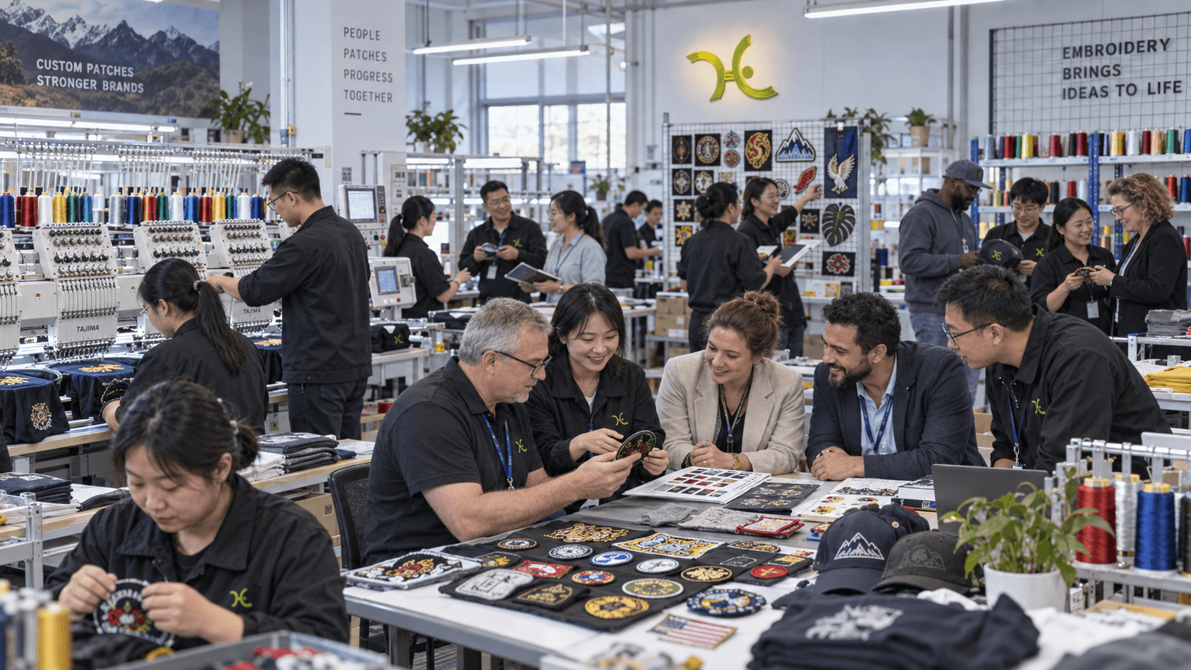 Fictional factory team and visitors reviewing different patch samples in an embroidery workshop