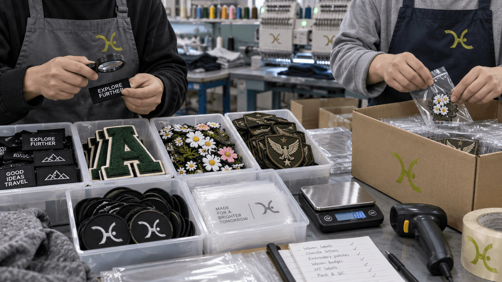 Fictional staff inspecting varied patch types and preparing export packing